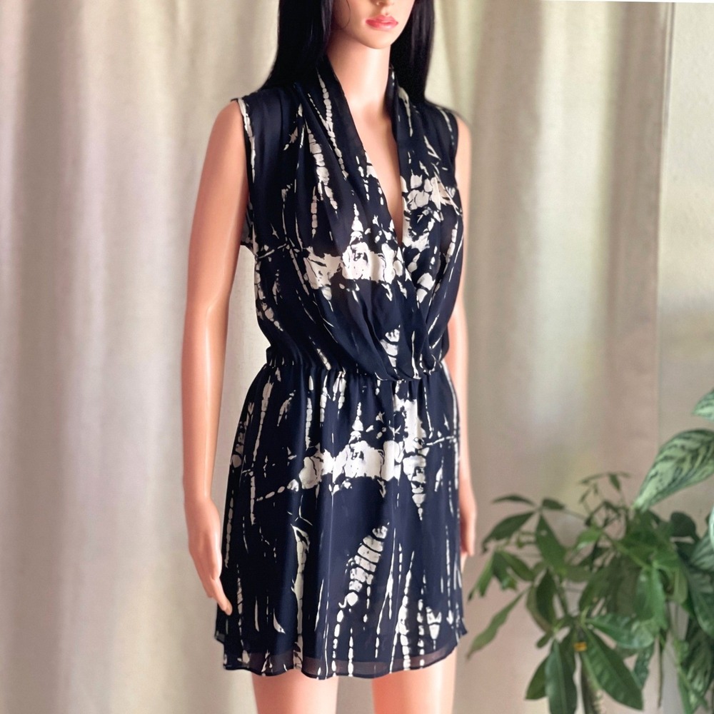 Black Cream 100% Silk Shibori Tie Dye Surplice Mini Dress Sleeveless Boho Size S
